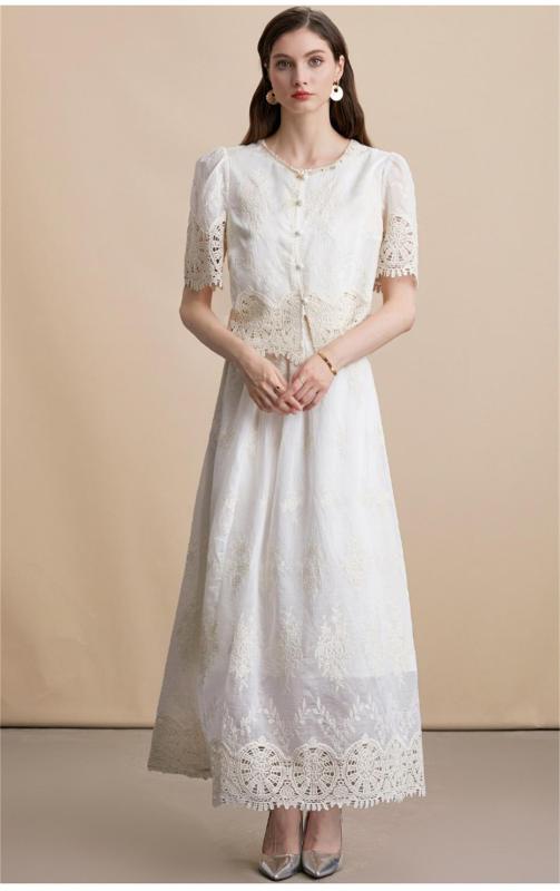 Apricot Lace Diamonds Embroidery Two Pieces Elegant Midi Skirt Sets