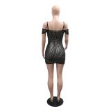Black Straps Sequins Bodycon Evening Party Birthday Mini Dress