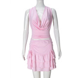 Pink Halter Deep V Neck Pleated Two Pieces Women Mini Ruffles Skirt Dress