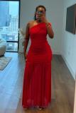 Red One Shoulder Pleated Mesh Bodycon Split Evening Women Prom Long Dress