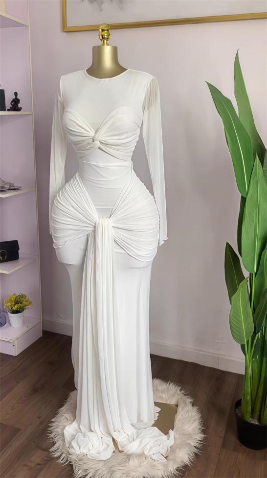 White Mesh See Through Luxury Women Bow-knot Ruffles Evening Dress