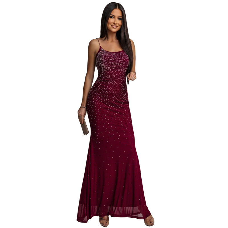 Claret Straps Low Cut Diamonds Mesh Sexy Evening Party Long Dress