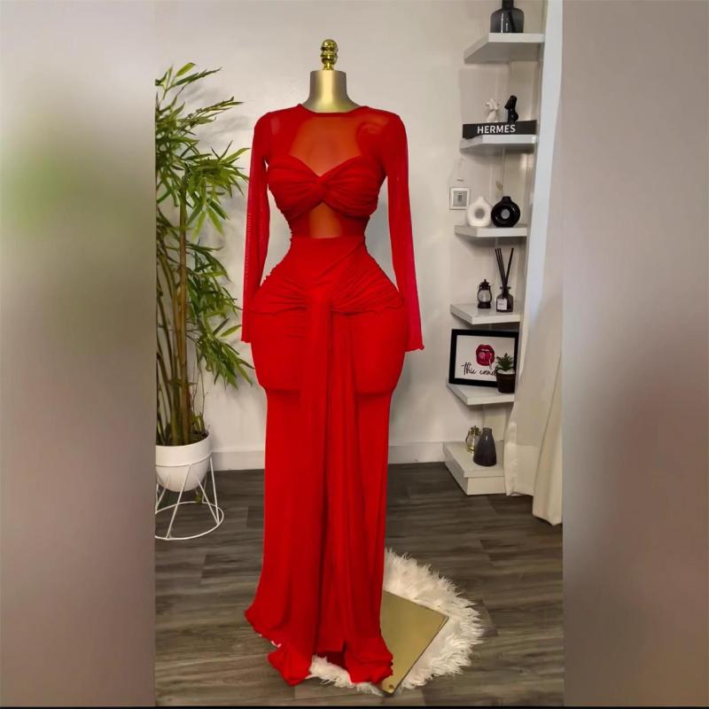 Red Mesh See Through Luxury Women Bow-knot Ruffles Evening Dress