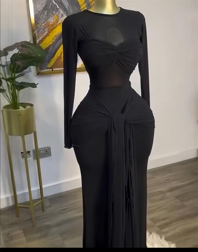 Black Mesh See Through Luxury Women Bow-knot Ruffles Evening Dress