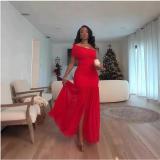 Red One Shoulder Pleated Mesh Bodycon Split Evening Women Prom Long Dress