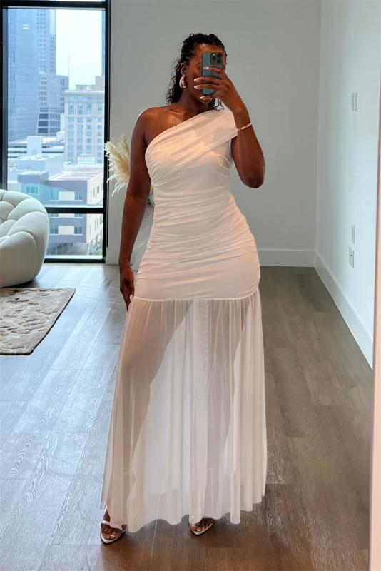 White One Shoulder Pleated Mesh Bodycon Split Evening Women Prom Long Dress