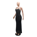 Black Straps Low Cut Diamonds Mesh Sexy Evening Party Long Dress