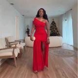 Red One Shoulder Pleated Mesh Bodycon Split Evening Women Prom Long Dress