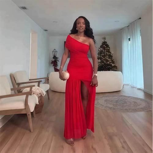 Red One Shoulder Pleated Mesh Bodycon Split Evening Women Prom Long Dress