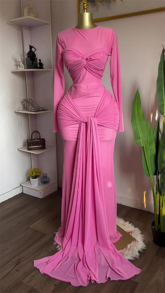 Pink Mesh See Through Luxury Women Bow-knot Ruffles Evening Dress