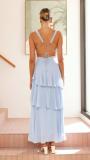 Blue Straps Deep V Neck Pleated Ruffles Fashion Maxi Dress