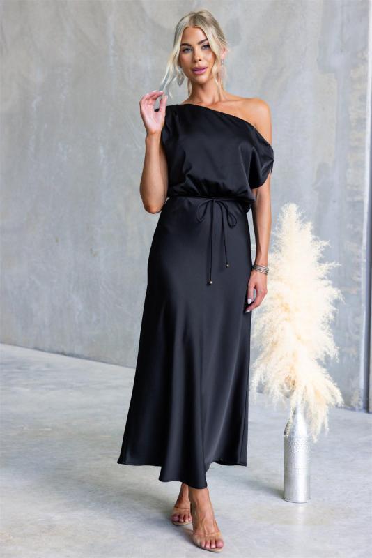 Black Off Shoulder Lace Up Waist Fashion Women Party Maxi Dress