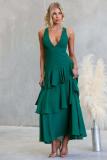 Green Straps Deep V Neck Pleated Ruffles Fashion Maxi Dress