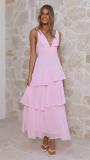 Pink Straps Deep V Neck Pleated Ruffles Fashion Maxi Dress
