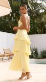 Yellow Straps Deep V Neck Pleated Ruffles Fashion Maxi Dress