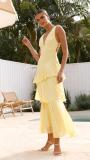 Yellow Straps Deep V Neck Pleated Ruffles Fashion Maxi Dress