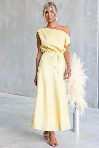 Yellow Off Shoulder Lace Up Waist Fashion Women Party Maxi Dress