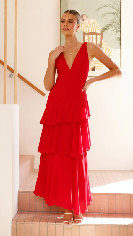 Red Straps Deep V Neck Pleated Ruffles Fashion Maxi Dress