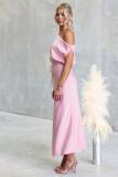 Pink Off Shoulder Lace Up Waist Fashion Women Party Maxi Dress