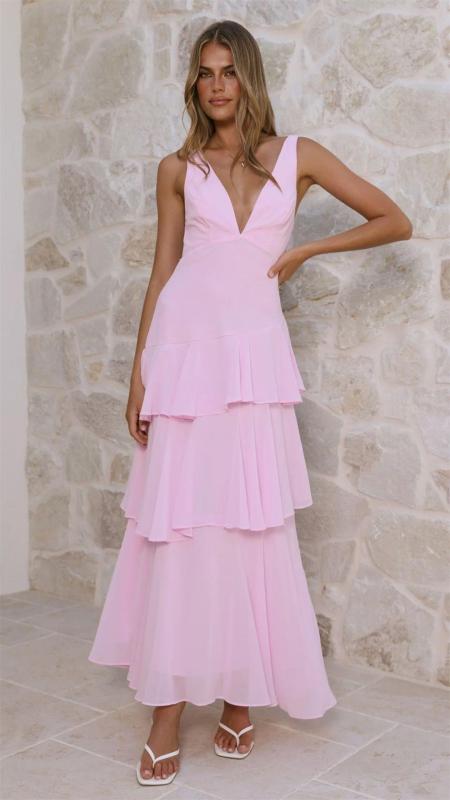 Pink Straps Deep V Neck Pleated Ruffles Fashion Maxi Dress
