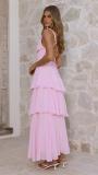 Pink Straps Deep V Neck Pleated Ruffles Fashion Maxi Dress