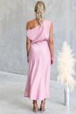 Pink Off Shoulder Lace Up Waist Fashion Women Party Maxi Dress