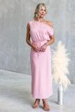 Pink Off Shoulder Lace Up Waist Fashion Women Party Maxi Dress