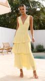 Yellow Straps Deep V Neck Pleated Ruffles Fashion Maxi Dress