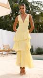 Yellow Straps Deep V Neck Pleated Ruffles Fashion Maxi Dress