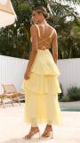 Yellow Straps Deep V Neck Pleated Ruffles Fashion Maxi Dress