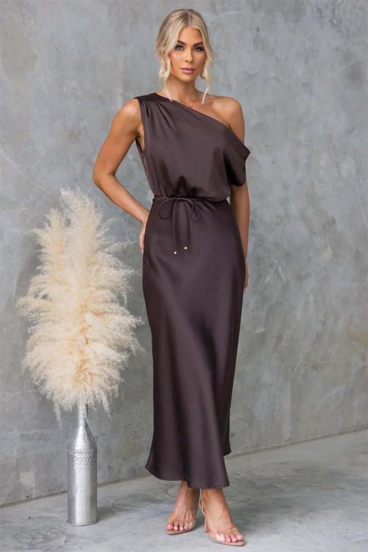 Brown Off Shoulder Lace Up Waist Fashion Women Party Maxi Dress