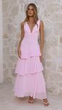 Pink Straps Deep V Neck Pleated Ruffles Fashion Maxi Dress