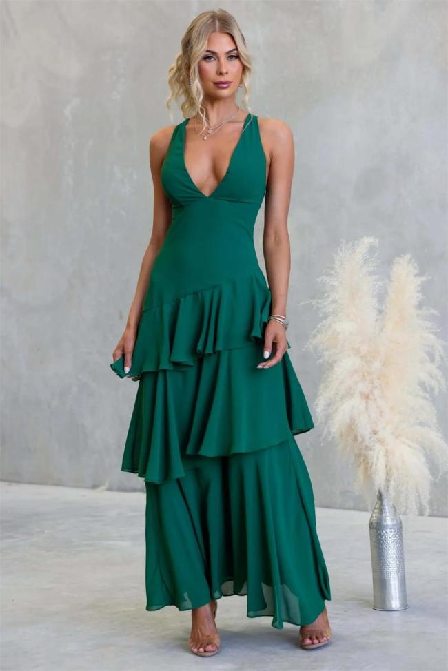 Green Straps Deep V Neck Pleated Ruffles Fashion Maxi Dress