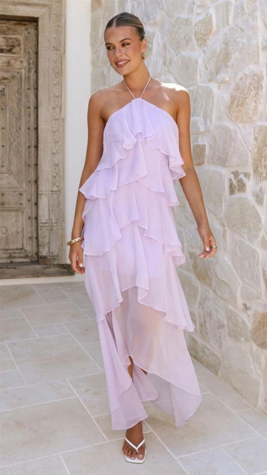 Purple Halter Off Shoulder Mesh Ruffles Women Vacation Party Long Dress