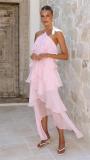 Pink Halter Off Shoulder Mesh Ruffles Women Vacation Party Long Dress