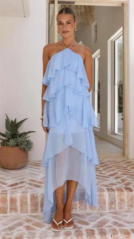 Blue Halter Off Shoulder Mesh Ruffles Women Vacation Party Long Dress