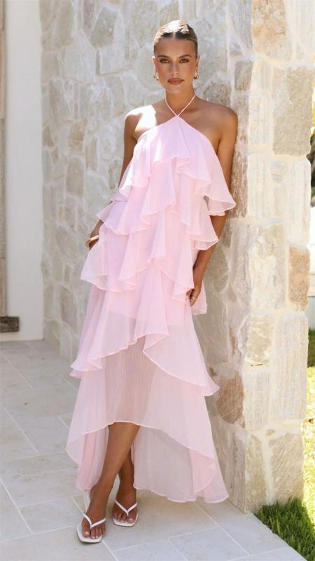 Pink Halter Off Shoulder Mesh Ruffles Women Vacation Party Long Dress