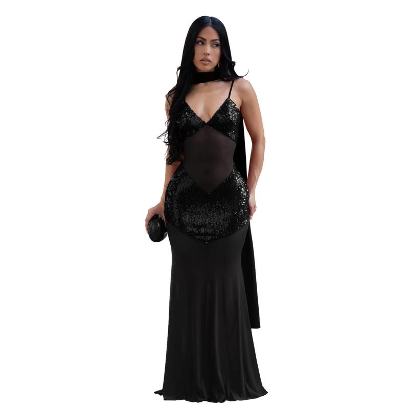 Black Straps Low Cut V Neck Sequins Mesh Evening Birthday Long Dress