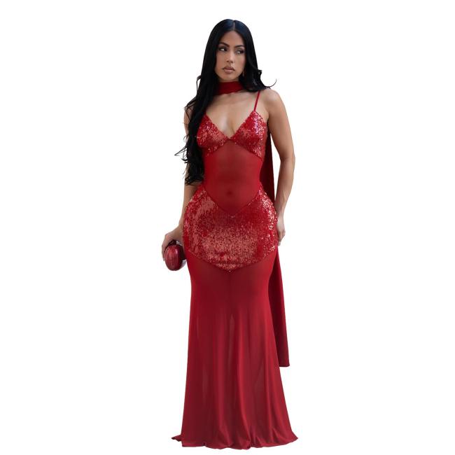 Red Straps Low Cut V Neck Sequins Mesh Evening Birthday Long Dress