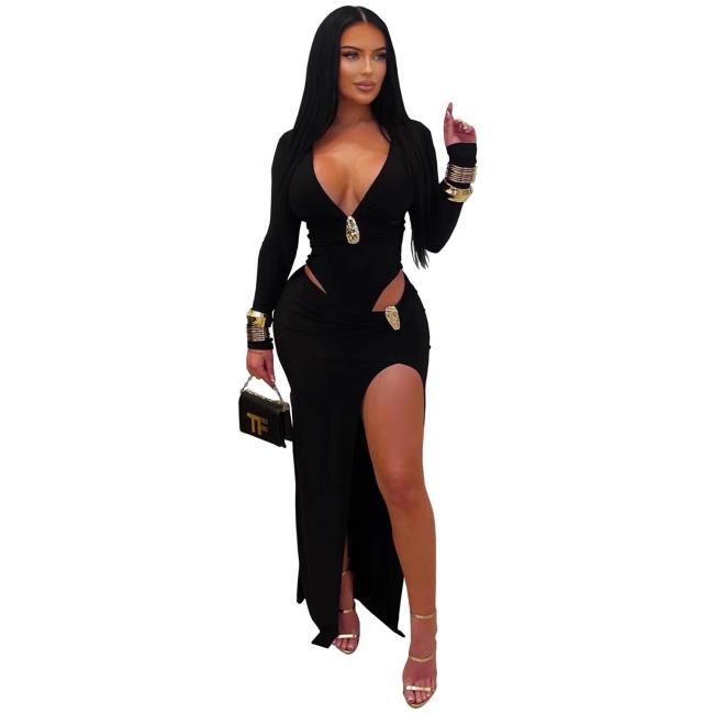 Black Deep V Neck Button Cut Out Fashion Women Party Maxi Dress