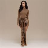 Brown Elegant Long Sleeve Bodycon Tops Two Pieces Sequins Mini Dress Sets