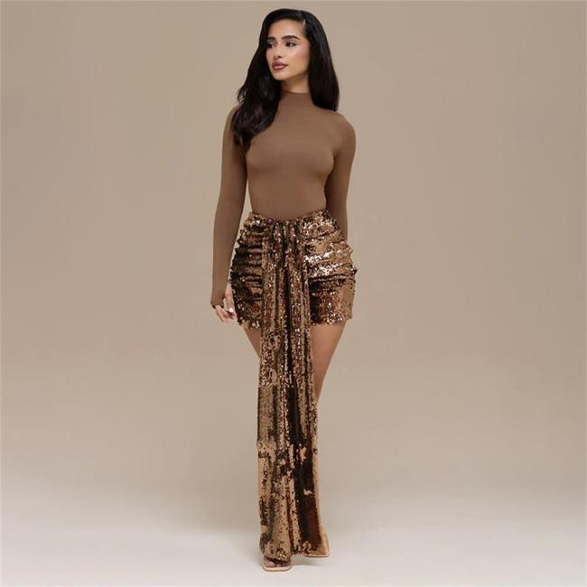 Brown Elegant Long Sleeve Bodycon Tops Two Pieces Sequins Mini Dress Sets