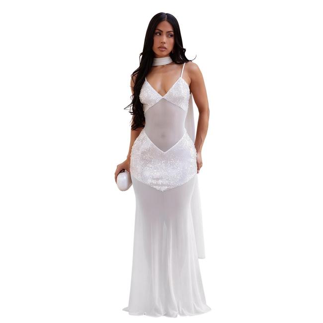 White Straps Low Cut V Neck Sequins Mesh Evening Birthday Long Dress