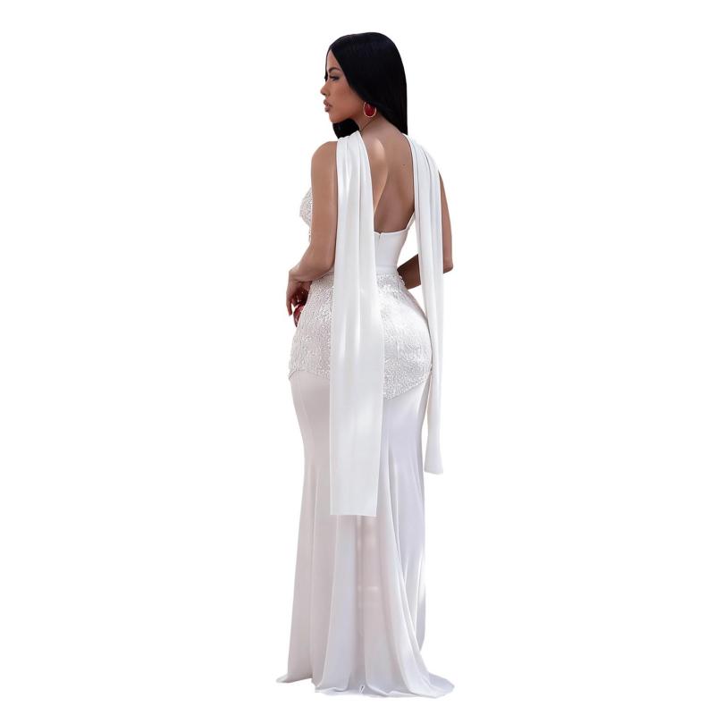White Straps Low Cut V Neck Sequins Mesh Evening Birthday Long Dress