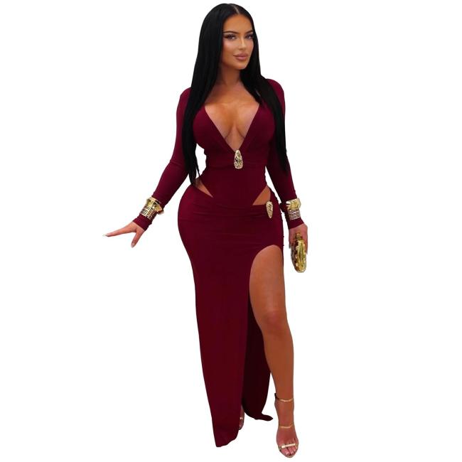 Red Deep V Neck Button Cut Out Fashion Women Party Maxi Dress