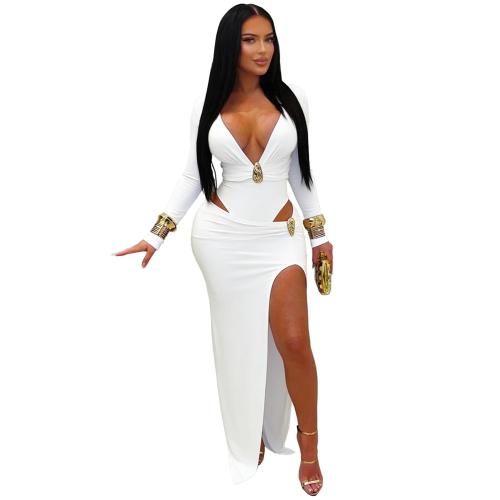 White Deep V Neck Button Cut Out Fashion Women Party Maxi Dress