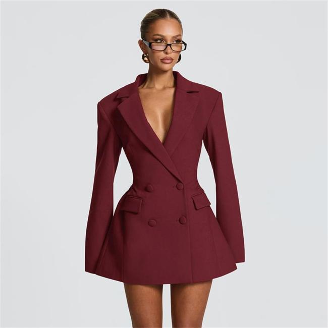 Red Double Breasted Fashion Suit Luxury Women Mini Dress