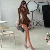 Brown Ruffles Deep V Neck Pleated Waisted Women Club Dress