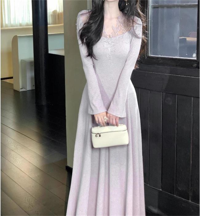 Light Purple Lace V neck Bodycon Luxury Women Striped Evening Long Dress