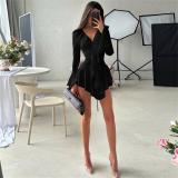 Black Ruffles Deep V Neck Pleated Waisted Women Club Dress